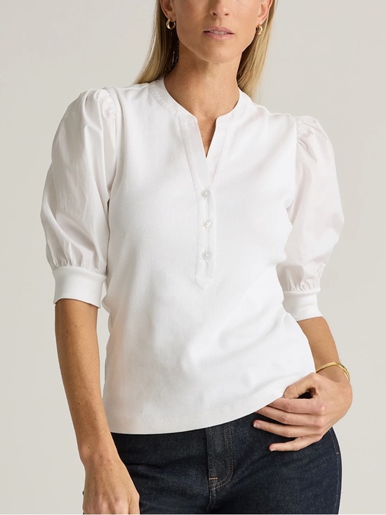 Quince Tops - Quince Cotton Mixed Media Puff Sleeve Top Size M Classic White Preppy Classic